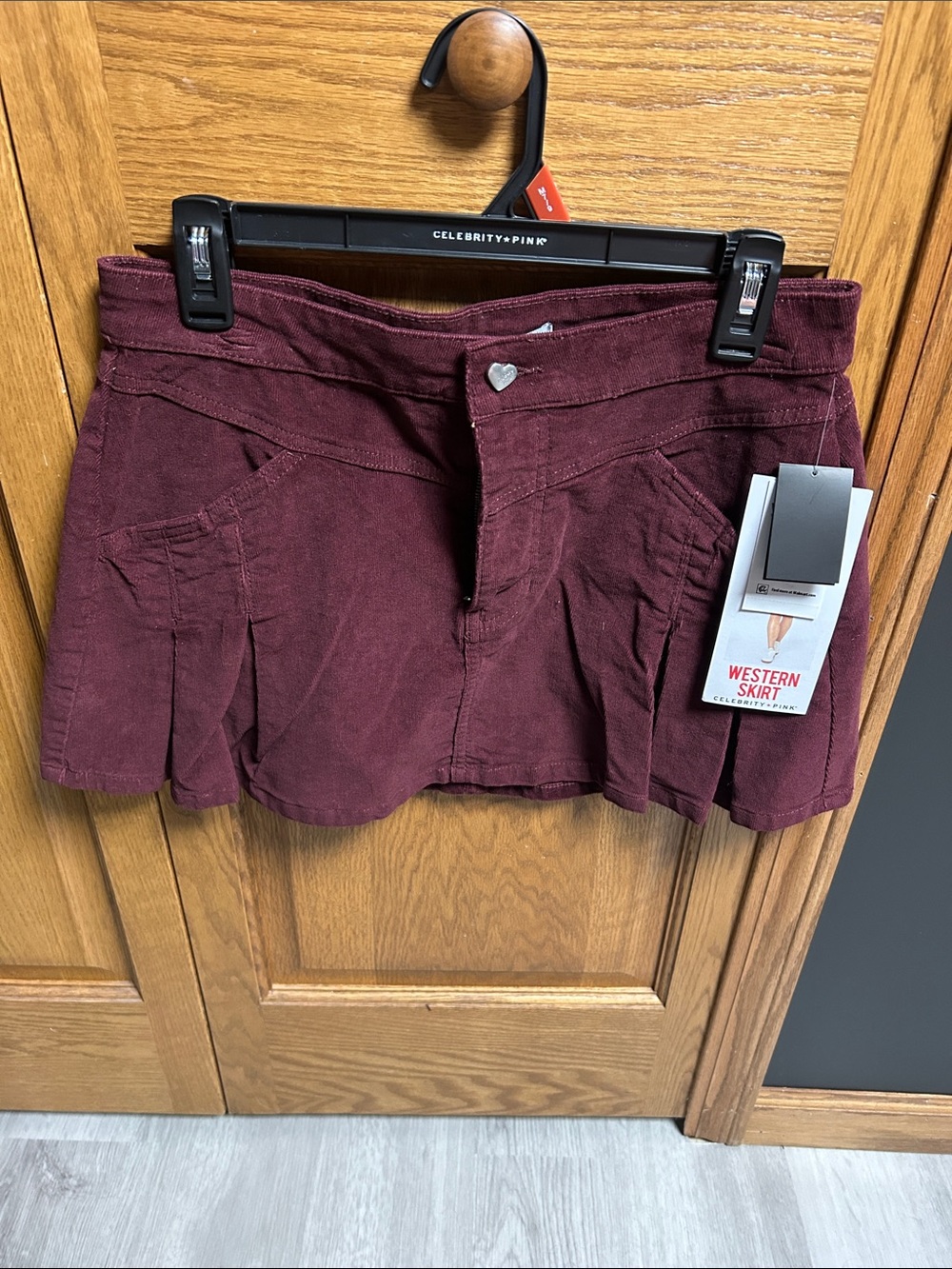 Celebrity Pink Burgundy Pleated Skirt with Heart Button